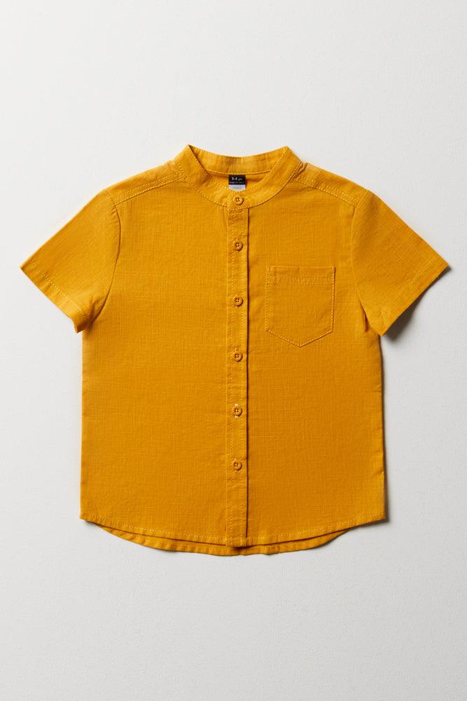 Soft Feel Mandarin Collar Short Sleeve Shirt Yellow