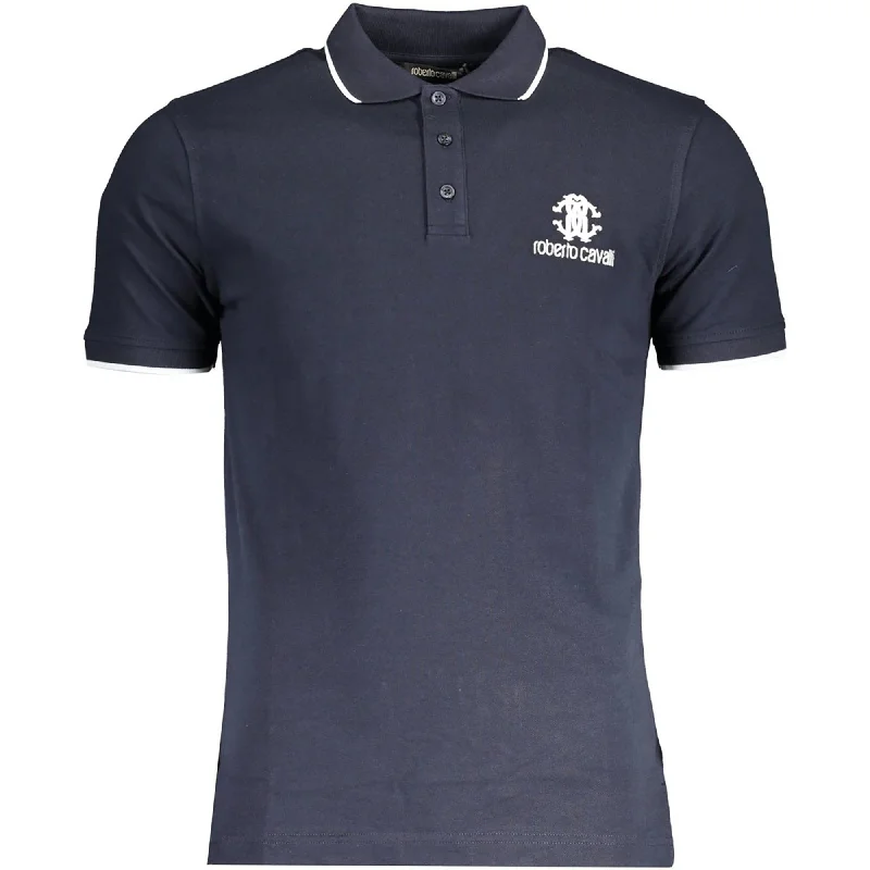 Casual Ease Roberto Cavalli Men's Blue Short Sleeve Cotton Polo T-Shirt with White Logo