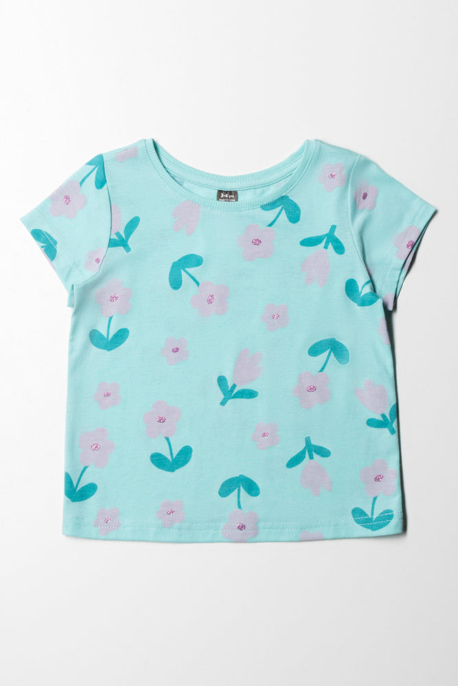 Short Design Floral Printed T-Shirt Aqua