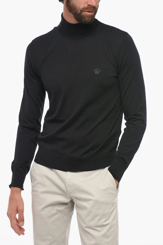 Luxury Temperament Versace Turtleneck Wool Blend Sweater With Logo