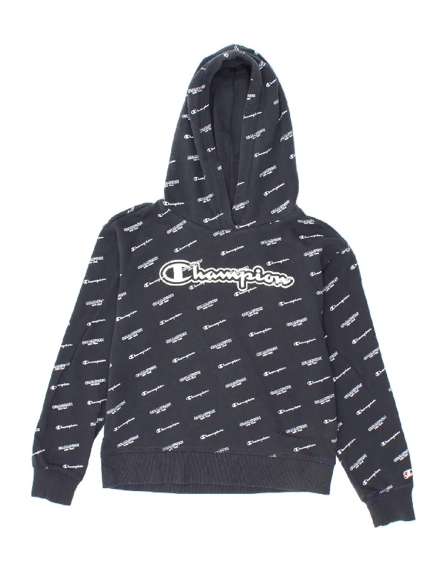 Fashionable In The Times CHAMPION Boys Graphic Hoodie Jumper 11-12 Years Large Navy Blue Spotted