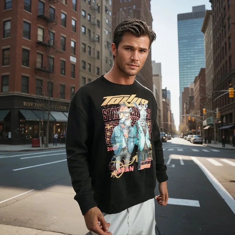 Fashionable And Versatile Tokyo Graphic Regular Fleece Sweatshirt in Black