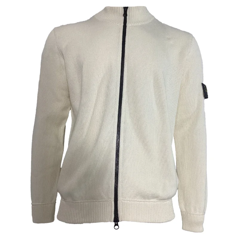 Personal Design Stone Island Rib Knit Zip Sweater in White Wool