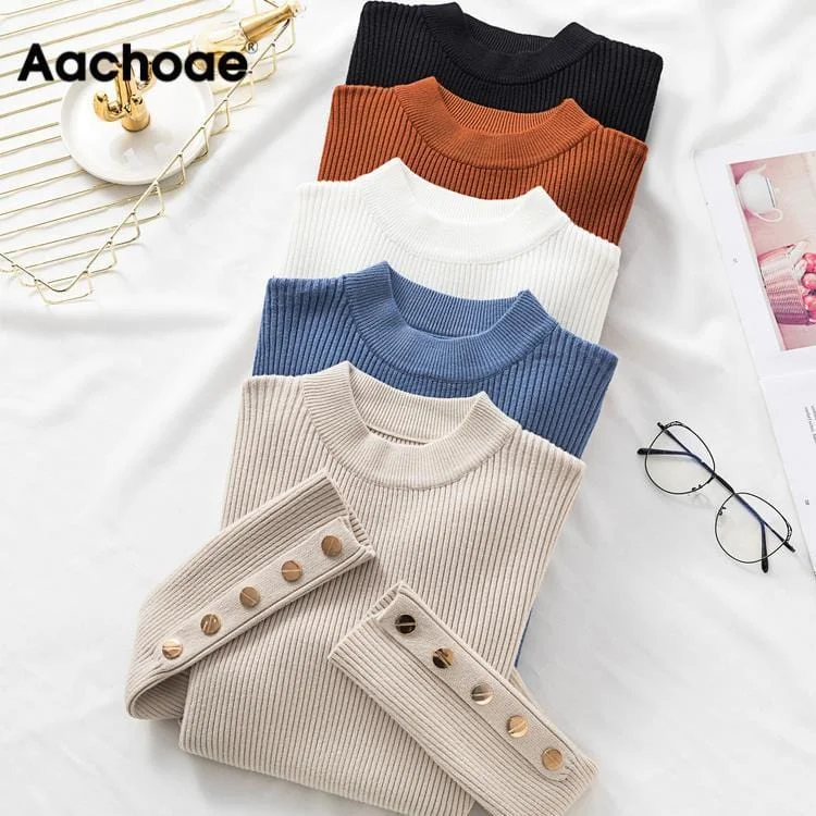 Comfortable Tops Autumn Women Long Sleeve Pure Slim Sweater Winter Knitted Turtleneck Casual Cashmere Pullover Metal Buttons Split Cuff Basic Top