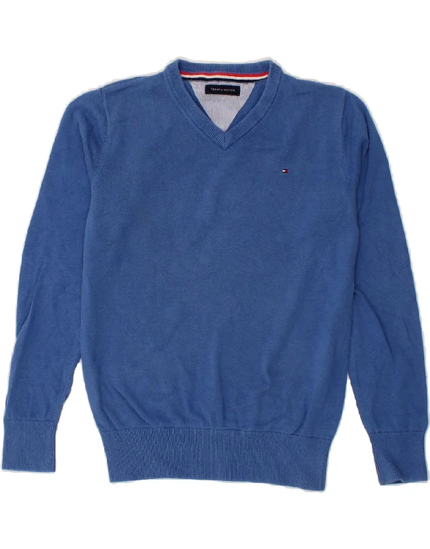 Personal Design TOMMY HILFIGER Boys V-Neck Jumper Sweater 12-13 Years Blue Cotton