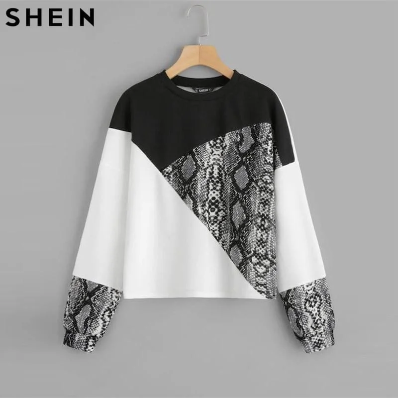 Energy Plan SHEIN Color Block Snake Skin Sweatshirt Preppy Round Neck Long Sleeve Pullovers Women Autumn Multicolor Sweatshirts