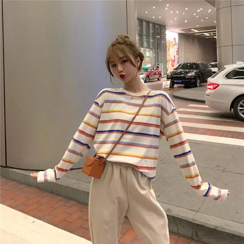 Comfortable Mind Rainbow T Shirt Women Striped Kawaii Clothes Harajuku Korean Style Streetwear Aesthetic Long Sleeve Fall Roupas Feminina O Neck