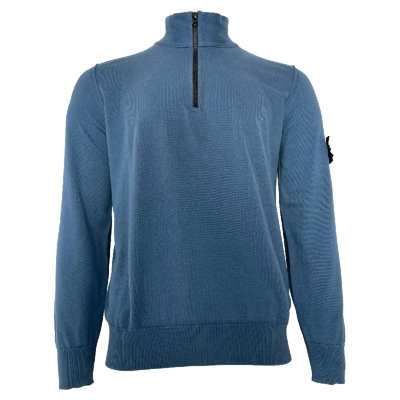 Fresh Wear Stone Island Compass-Motif Half Zip Sweater in Blue Cotton