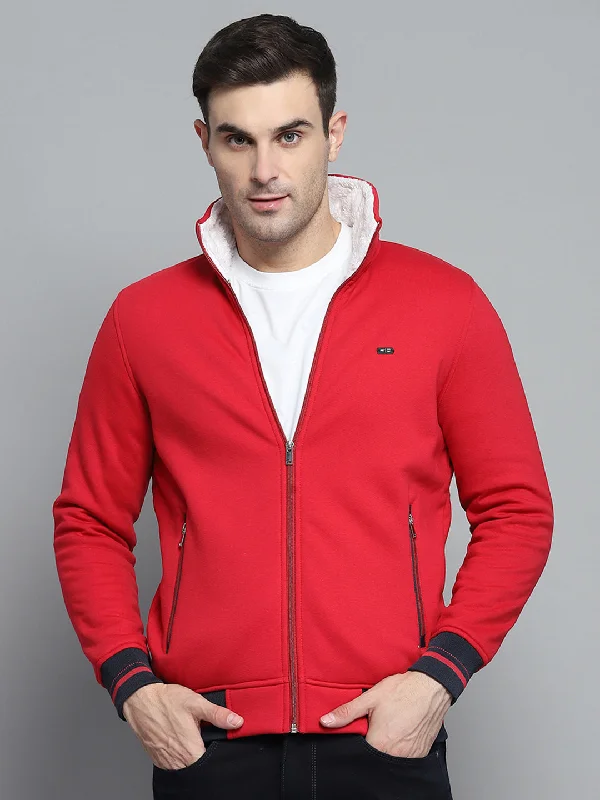 Slim Fit Men Red Solid Collar Full Sleeve Sweatshirt