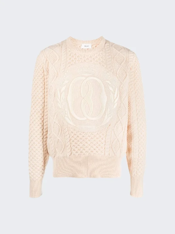 Classic Color Bally Knitted Wool Crewneck Sweater White