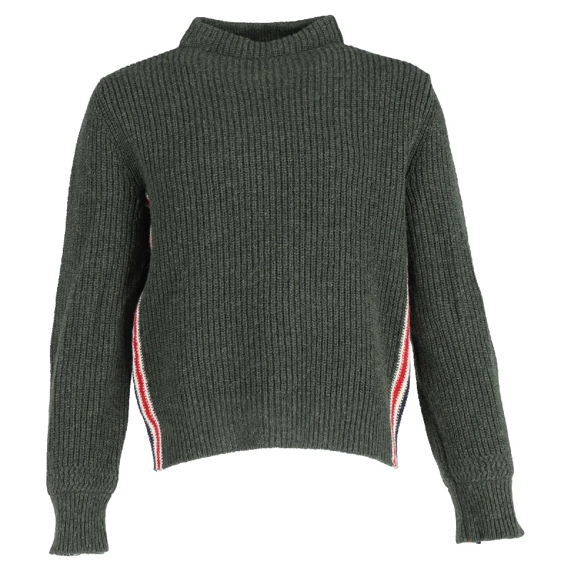 Luxury Classic Thom Browne Ribbed-Knit Mock Neck Sweater in Green Wool