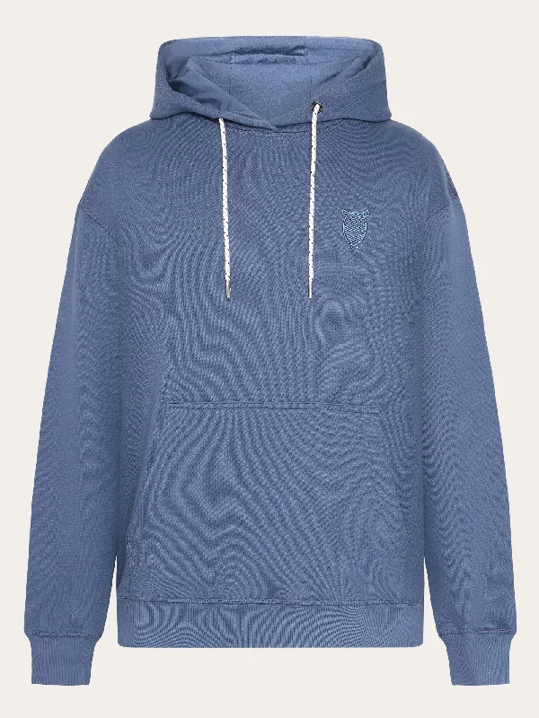 Stylish Ease Loose fit hood kangaroo pocket sweat with embroidery at chest - Vintage Indigo