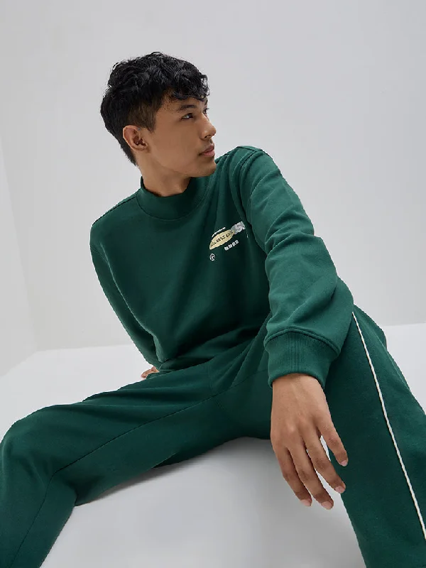 Low-key Luxury Studiofit Dark Green Printed Relaxed-Fit Cotton-Blend Sweatshirt