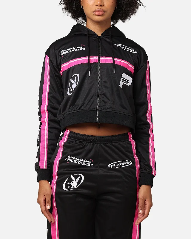 Nightclub Style Playboy Women's Racing 1953 Cropped Zip Jacket Black