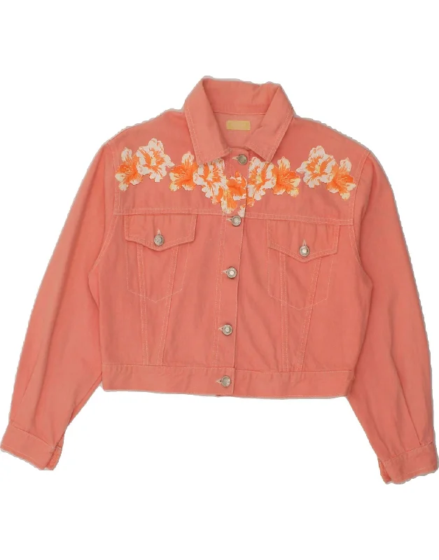 Unique Prints VINTAGE Girls Crop Denim Jacket 11-12 Years Orange Floral Cotton