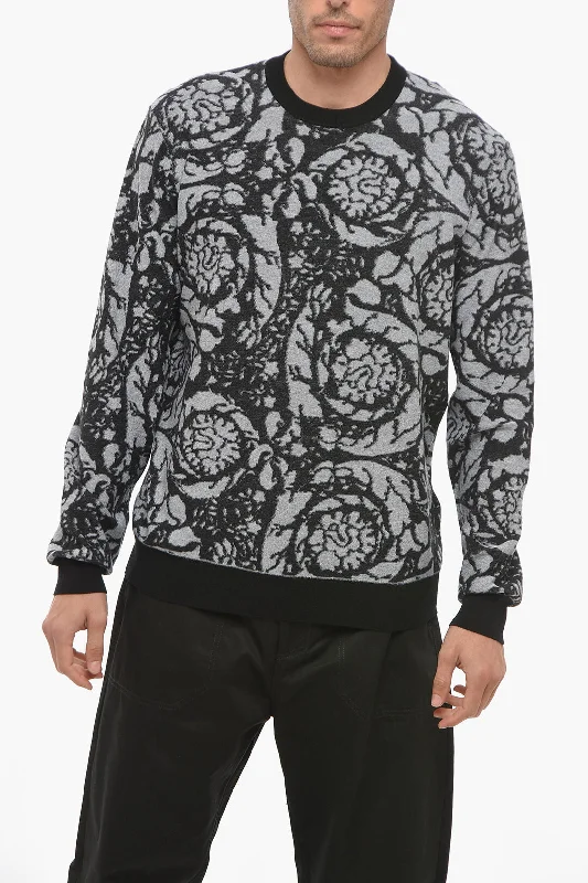 Unique Design Versace Crew Neck Jacquard Cotton Blend Sweater with Contrasting Edg