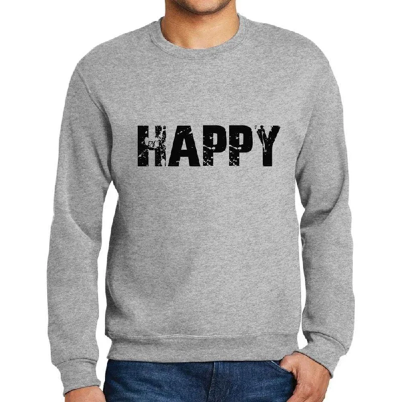 Fashionable Items Men's Printed Graphic Sweatshirt Popular Words HAPPY Grey Marl