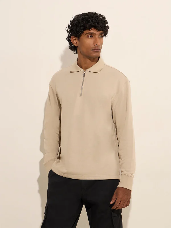 Easy Chic Wear WES Casuals Beige Relaxed-Fit Cotton-Blend Sweatshirt