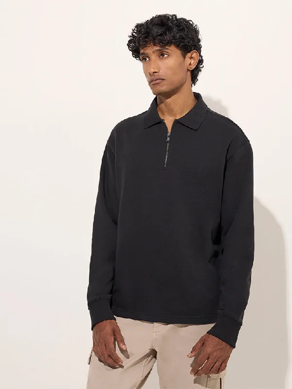 Sporty Wear WES Casuals Black Relaxed-Fit Cotton-Blend Sweatshirt