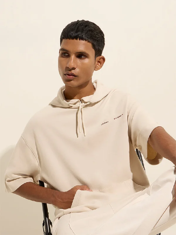 All-Day Style Studiofit Beige Text Design Relaxed-Fit Cotton-Blend Hoodie