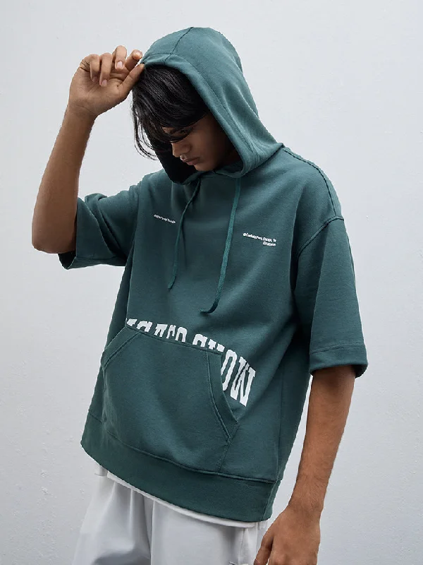 Beautiful Romance Studiofit Dark Green Text Design Relaxed-Fit Cotton-Blend Hoodie