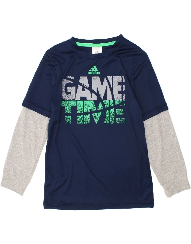 Embroidered Letters ADIDAS Boys Graphic Top Long Sleeve 6-7 Years Navy Blue Colourblock