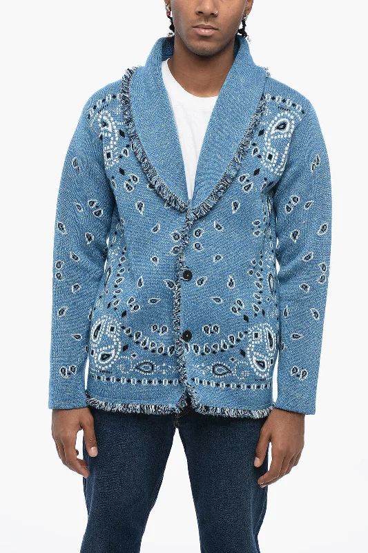 Knitted Design Alanui Jaquard Bandana Motif Cardigan with Fringed Detailing