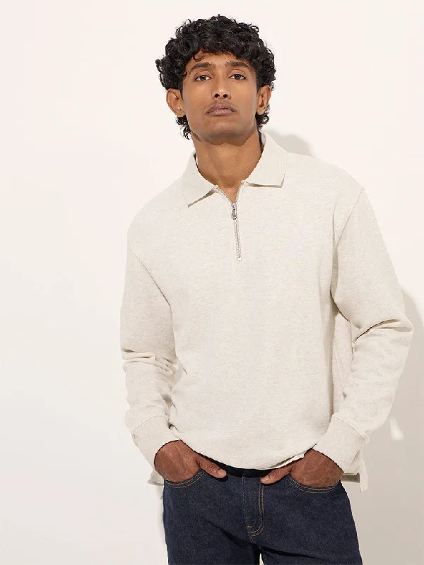 Weekend Comfort Wear WES Casuals Beige Relaxed-Fit Cotton-Blend Sweatshirt