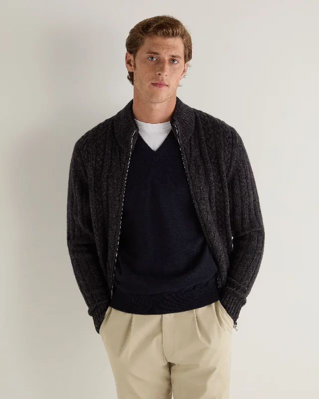 Comfy Chic Men's Colorado Cable Fur Trim Cashmere Jacket Granite Grey