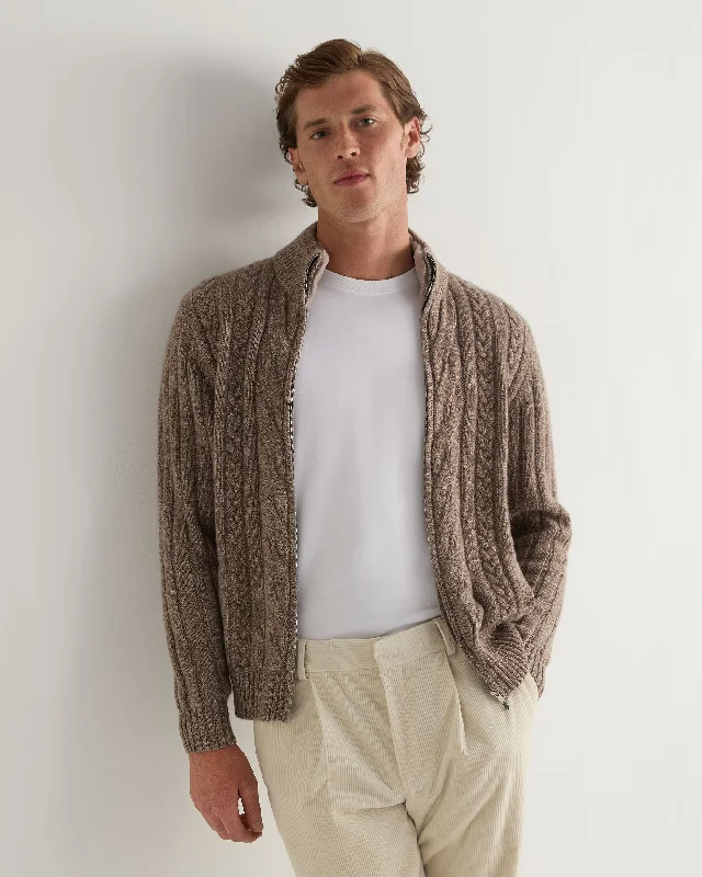 Easy Style Men's Colorado Cable Fur Trim Cashmere Jacket Heather Hazel Brown