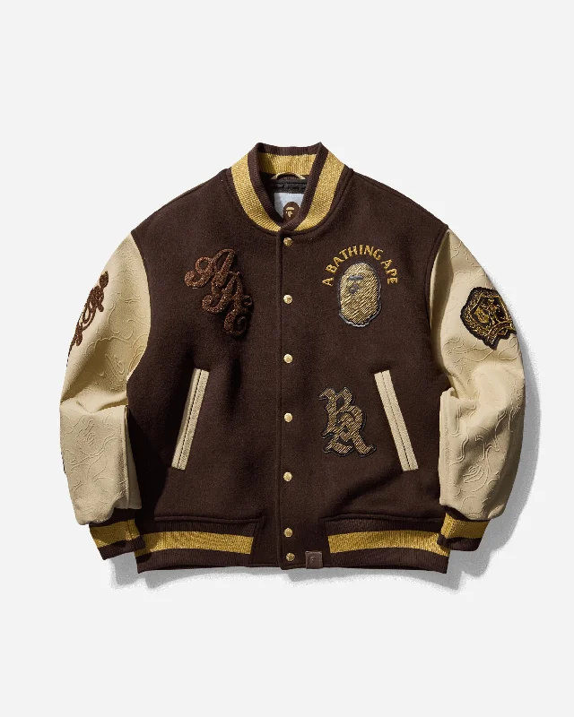 Sporty Elegance Men's Line Camo Multi Logo Wool Varsity Jacket Brown