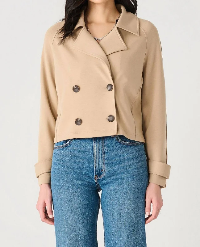 Elegant Comfort Double Breasted Short Knit Trench In Tan