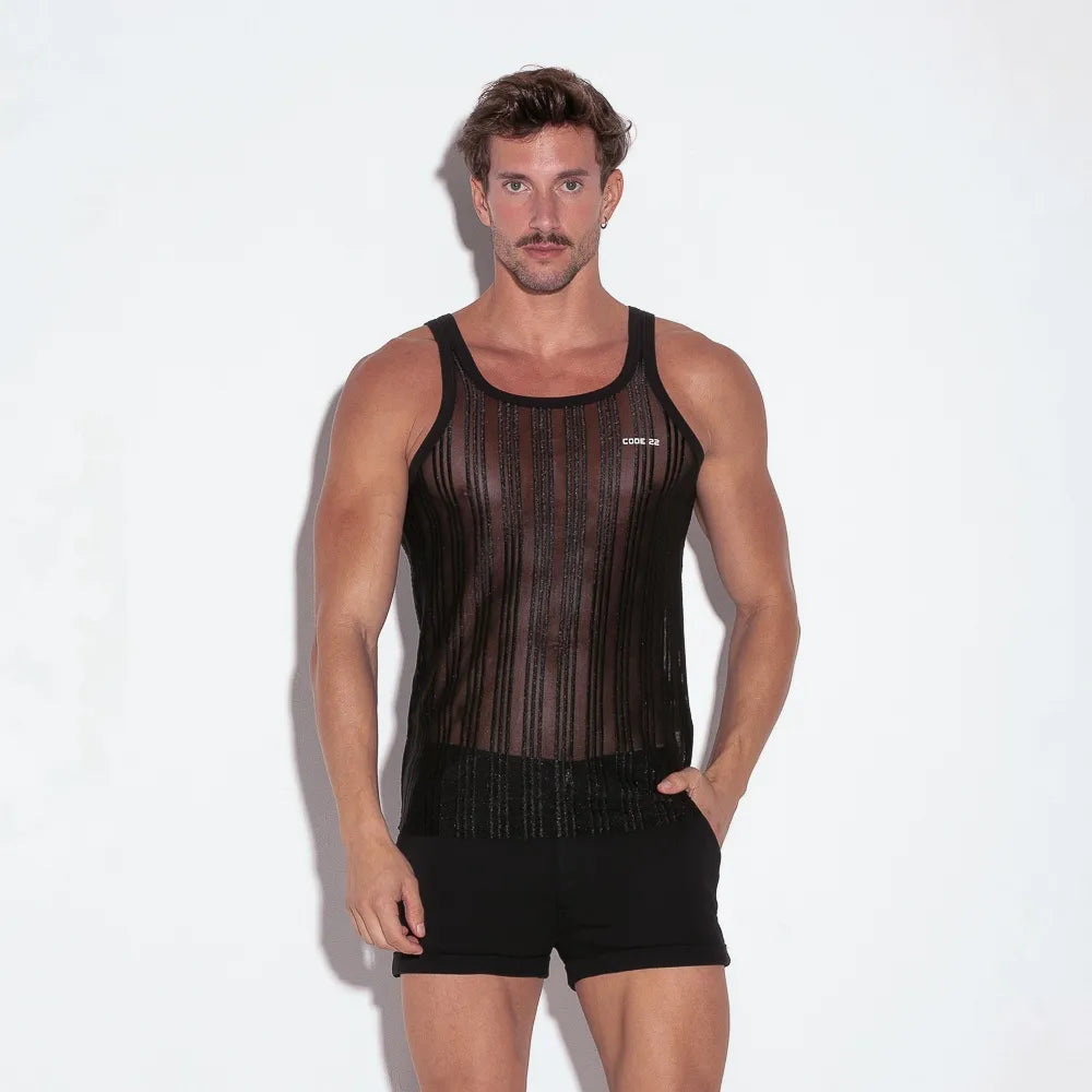 Effortless Style Code 22 Mesh Striped tank 9632 black