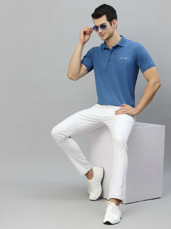 Spring Fashion JUMP USA Men Blue Solid Polo Collar Sports  T-Shirt