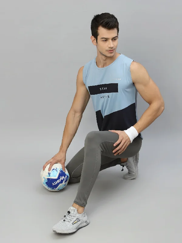 Urban Sense JUMP USA Men Cashmere Blue & Navy Blue Printed Polyester Sleeveless Tank T-shirt