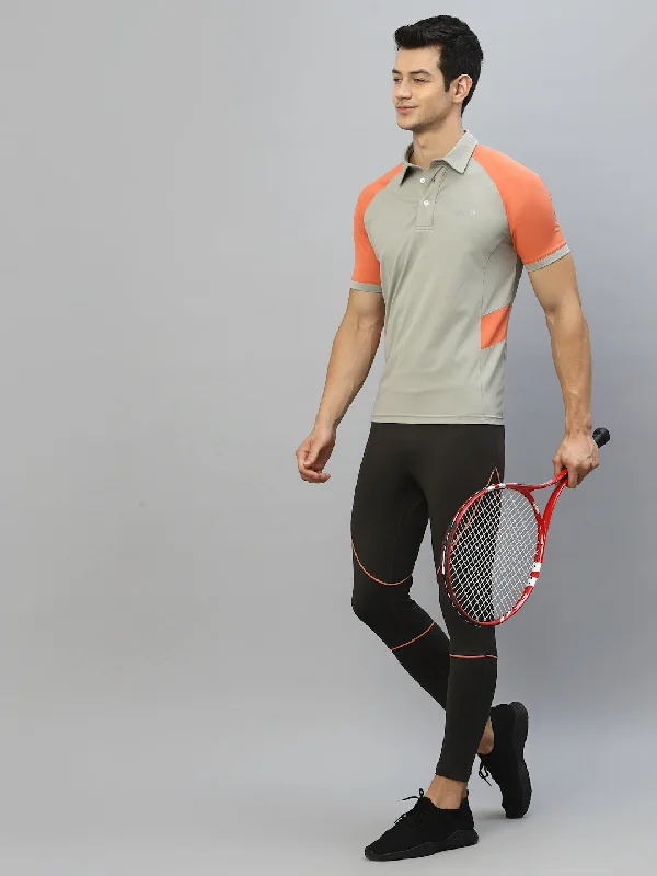 Celebrity Must-have JUMP USA Men Light Grey & Coral Polo Collar Sports  T-Shirt