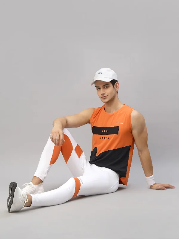 Exquisite Fabrics JUMP USA Men Orange & Navy Blue Printed Polyester Sleeveless Tank T-shirt
