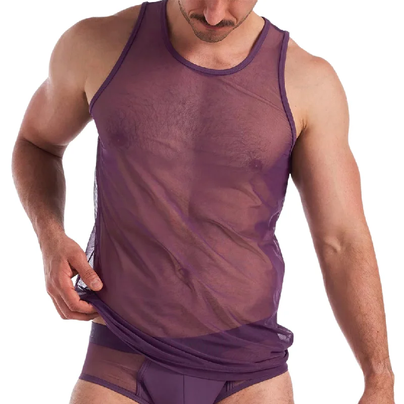 Embroidered Letters Teamm8 Score Sheer tank mesh plum purple