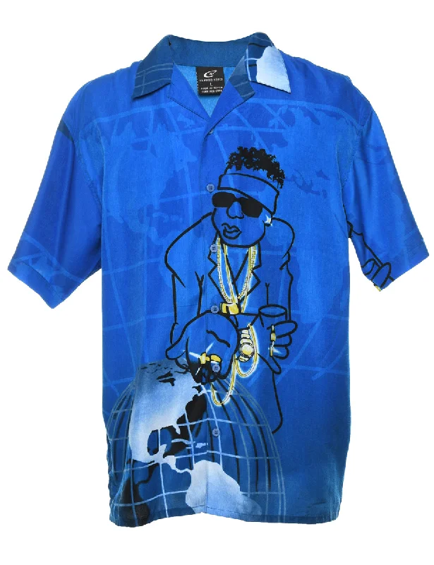 Classic Y2K Blue & Black Illustrated Shirt - L