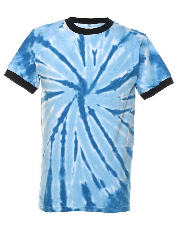 Exquisite Embroidery Blue Tie Dye Design Ringer T-Shirt - S