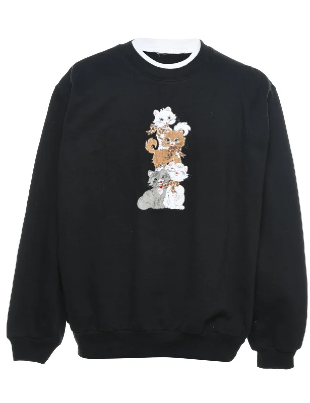 Slightly Flared Design Cat Black Embroidered Sweatshirt - M