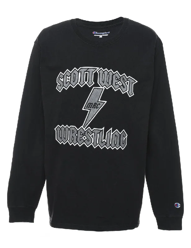 Single-shoulder Neck Design Champion Black & Grey Back In Black Printed T-shirt - L