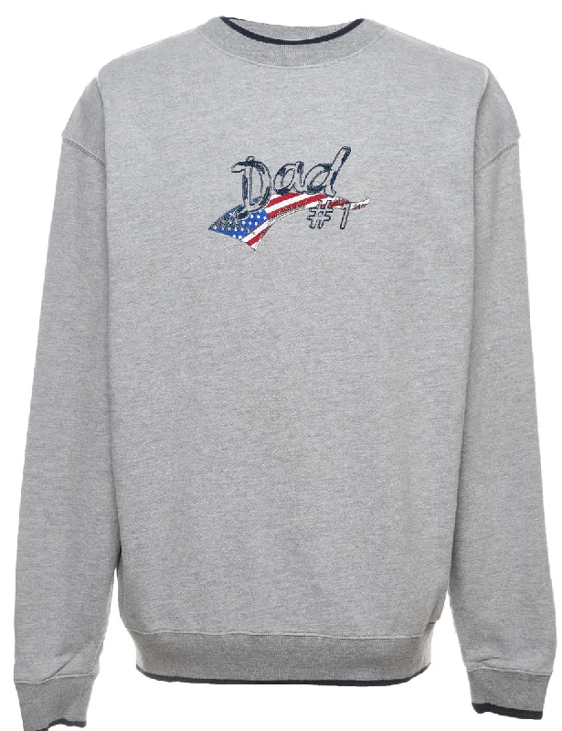 Sports Series Dad Design Grey Round-Neck Embroidered Sweatshirt - L