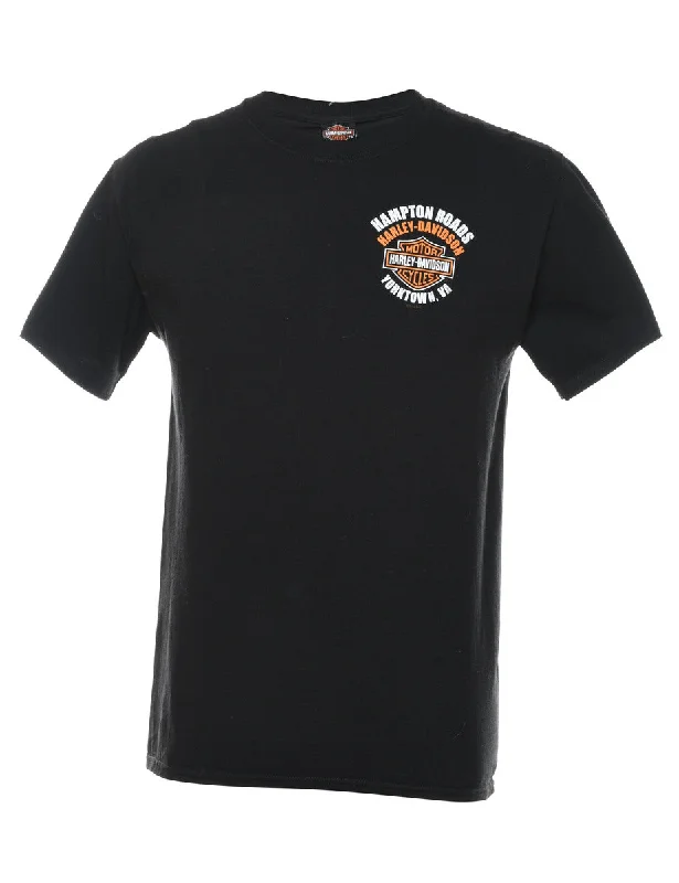 Carefree Style Harley Davidson Black, Orange & White Printed T-shirt - M
