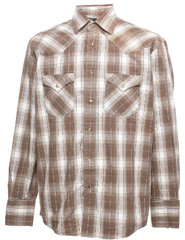 High-quality Fabrics Light Brown Western Style Checked Shirt - M