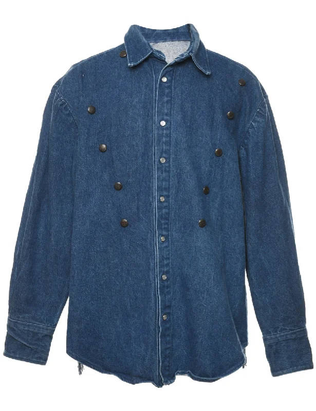 Weekend Wear Medium Wash & Black Studded Design Denim Shirt - L