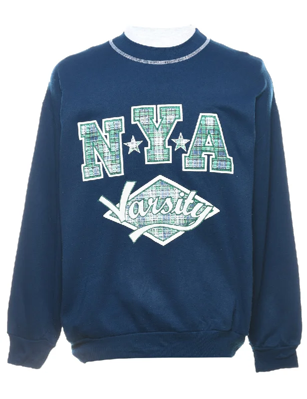 Weekend Style Patchwork NYA Varsity Printed Navy & Green Sweatshirt - L
