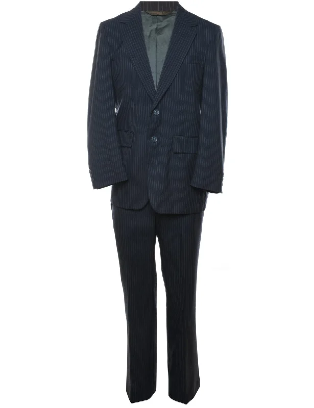 Unique Prints Pinstriped Tailored Navy Suit - L