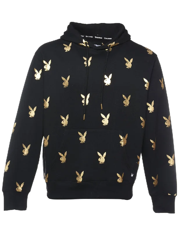 Comfy Chic Playboy Black & Gold Metallic Printed Hoodie - S