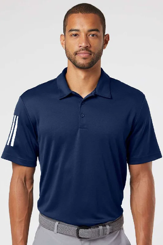 Stretch Design Adidas Mens Floating 3 Stripes UPF 50+ Short Sleeve Polo Shirt - Team Navy Blue/White